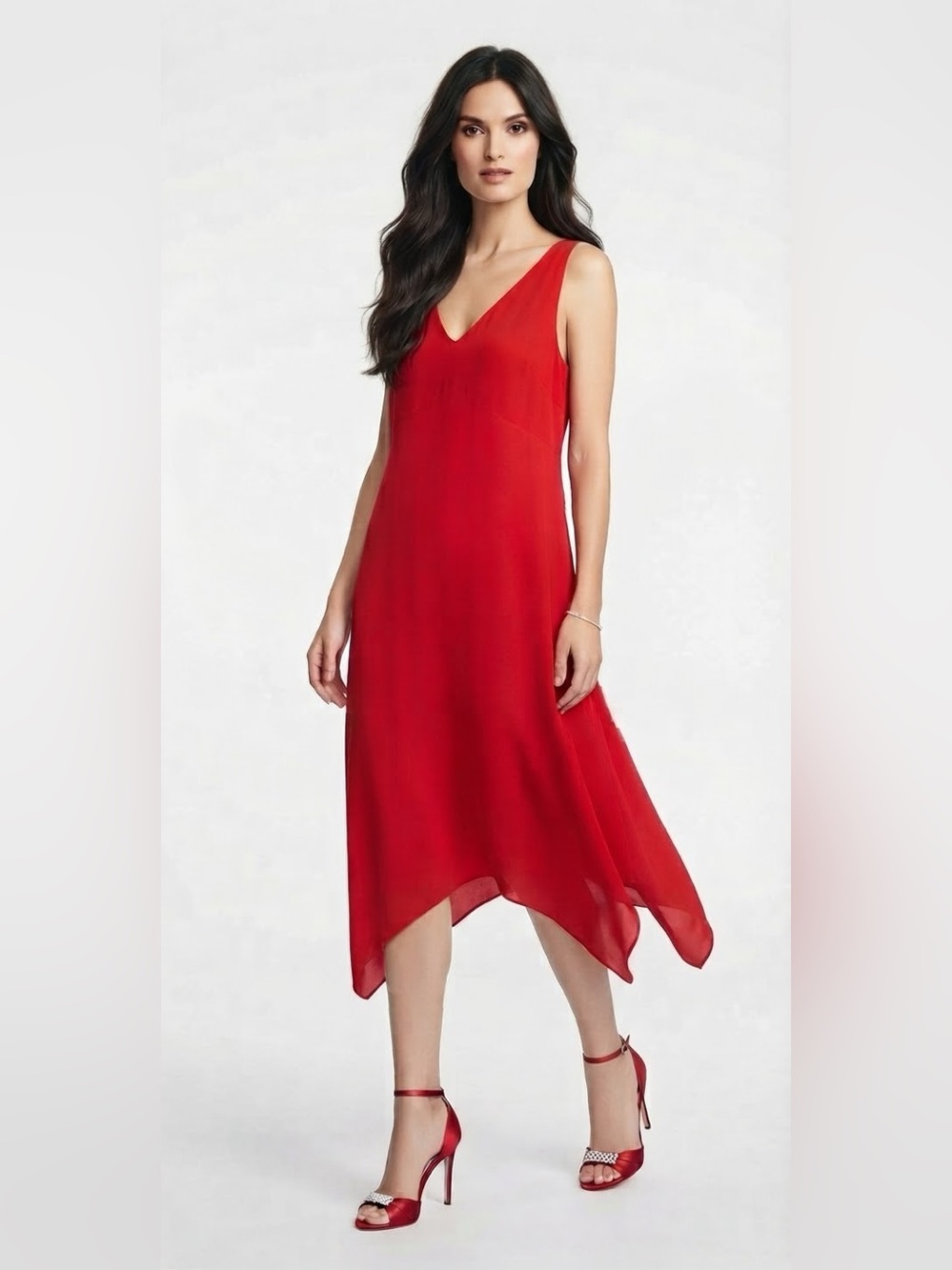 BCBGMaxAzria Red V-Neck Asymmetric Hem Slip Dress
